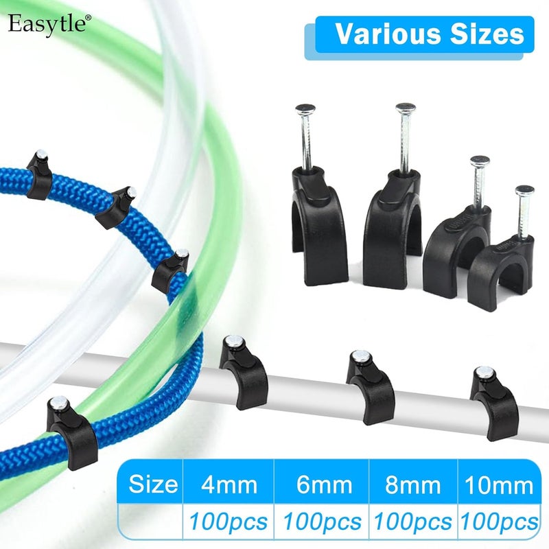 Easytle 400pcs Black Cable Clips 4/6/8/10mm Cable Wire Clips Nail in Cable Clips Cable Tacks Coaxial Nail Clamps Cable Nails for Cords Cable Management RG6 RG59 CAT6 RJ45 Ethernet Cable Clips Coax Clamps - Image 5